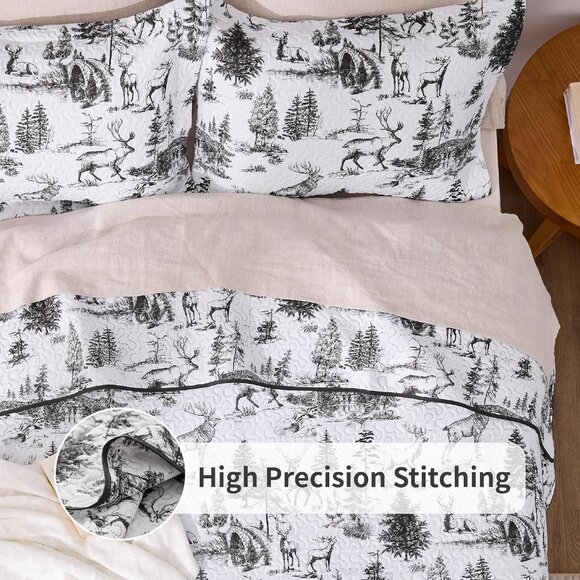 2-Piece Lodge Bed Cover Quilt with 1 Pillow Sham for All Season, White & Black - Picture 5 of 7